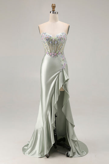Dusty Sage Sweetheart Applique Corset Mermaid Sequin Long Prom Dress with Ruffle Slit